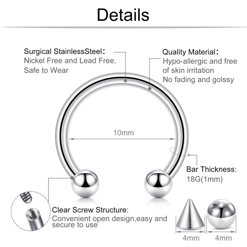D.Bella 14G Surgical Steel Nose Septum Horseshoe Hoop Eyebrow Lip Navel Belly Nipple Piercing Ring 10mm Helix Tragus Daith Rook Earrings w Replacement Spikes - Image 2